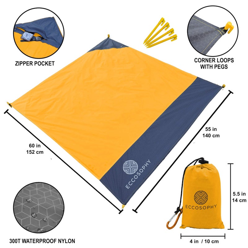 ECCOSOPHY Sand Proof Beach Blanket - Waterproof Picnic Blanket 60x55 Outdoor Compact Pocket Blanket Lightweight Ground Cover for Hiking Camping Festivals Sports Travel with Bag & Stakes (Orange) - Image 2